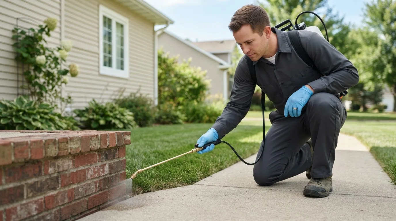 Pest control technician treating a home near Towanda, KS