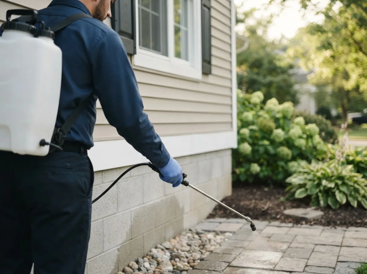 Pest control technician inspecting a home in Towanda, KS